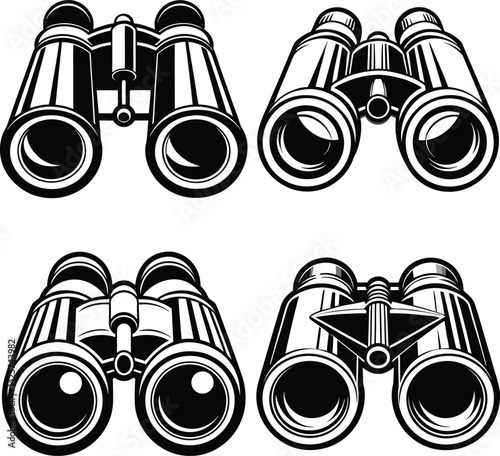 Vector illustration of binoculars with focus on optics and zoom features, showcasing a black and white design for viewing and discovery