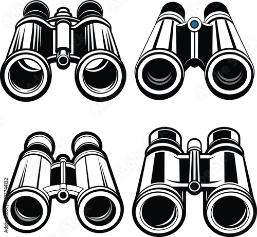 Vector illustration of binoculars with focus on optics and zoom features, showcasing a black and white design for viewing and discovery