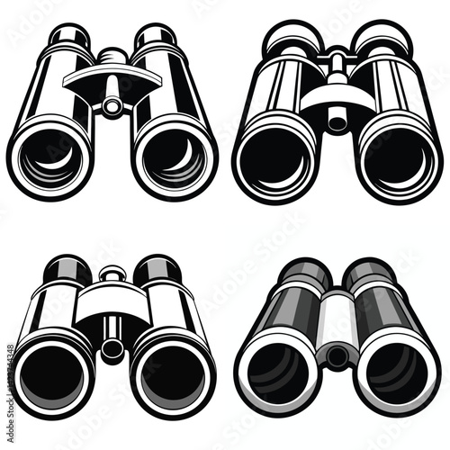 Vector illustration of binoculars with focus on optics and zoom features, showcasing a black and white design for viewing and discovery