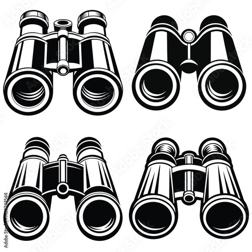 Vector illustration of binoculars with focus on optics and zoom features, showcasing a black and white design for viewing and discovery