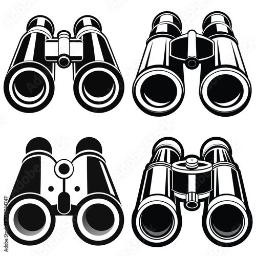 Vector illustration of binoculars with focus on optics and zoom features, showcasing a black and white design for viewing and discovery