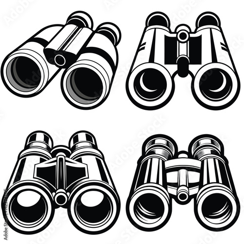 Vector illustration of binoculars with focus on optics and zoom features, showcasing a black and white design for viewing and discovery