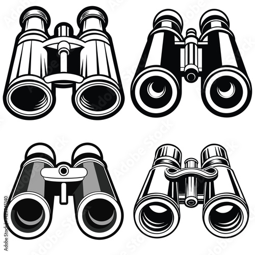 Vector illustration of binoculars with focus on optics and zoom features, showcasing a black and white design for viewing and discovery