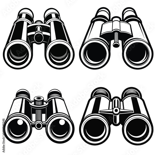 Vector illustration of binoculars with focus on optics and zoom features, showcasing a black and white design for viewing and discovery