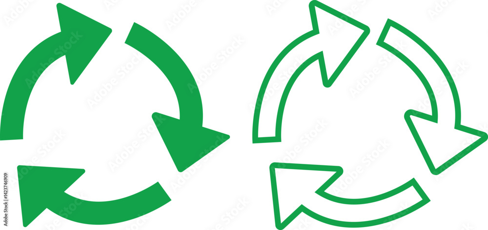 Obraz premium Green recycle flat, outline icons set. Arrows that revolve endlessly Reuse concept Recycled. Rounded angles. Ecology, Bio rotation arrows, leaf symbols illustration isolated on transparent background.