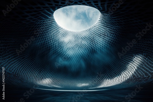 Architectural marvel, interior with woven grid and dramatic light from opening