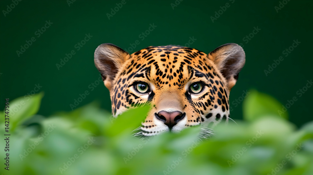 Jaguar peering from lush green foliage, intense gaze
