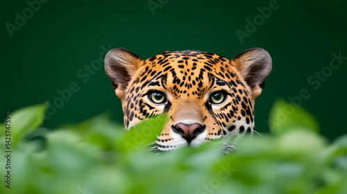Obraz na płótnie Jaguar peering from lush green foliage, intense gaze w salonie