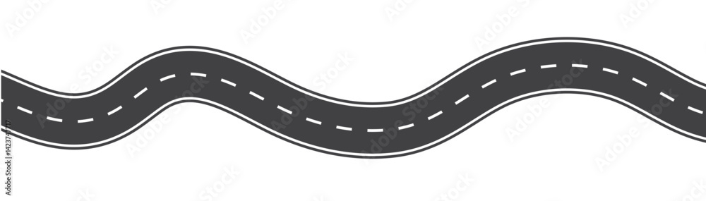 Wavy winding curves roads and horizontal path. Horizontal asphalt road template. Flat vector illustration isolated on transparent background. 