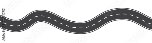 Wavy winding curves roads and horizontal path. Horizontal asphalt road template. Flat vector illustration isolated on transparent background. 