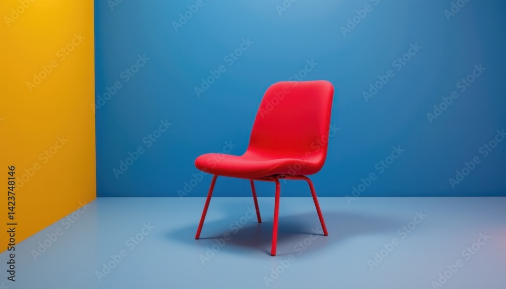 Fototapeta premium Colorful red chair displayed against blue and yellow walls modern interior minimalist design creative concept