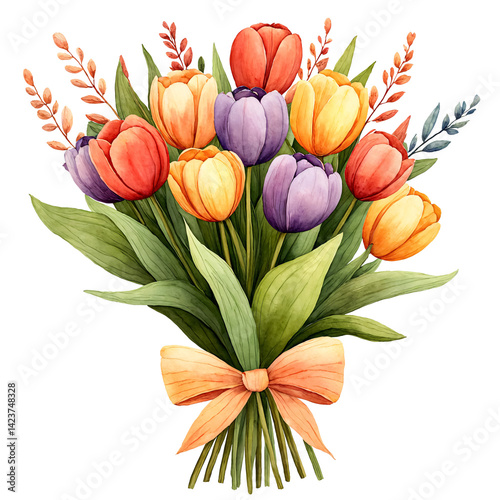 A vibrant hand-painted bouquet of red, purple and yellow tulips tied with a decorative ribbon, isolated on a transparent background. PNG.

