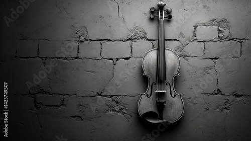 A dramatic monochrome image of a violin resting against a brick wall.