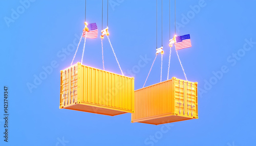 Two yellow shipping containers suspended by cranes, each with a small flag, against a light blue background
