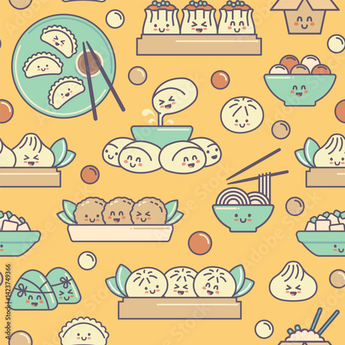 Seamless background with Chinese traditional food in kawaii style. Zongzi, show mein, meatballs, tngyuan
