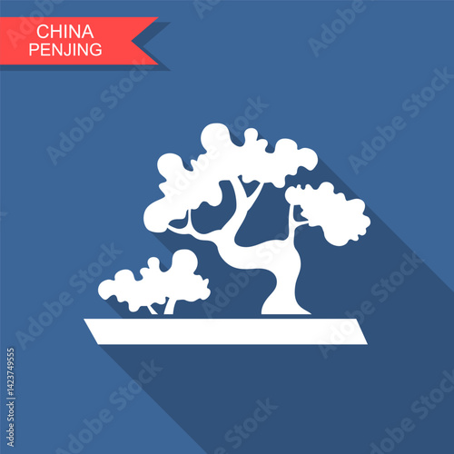 Original traditional Chinese art penjing or penzai. Bonsai tree. Bonsai in pot. Japanese plant art flat icon with long shadow