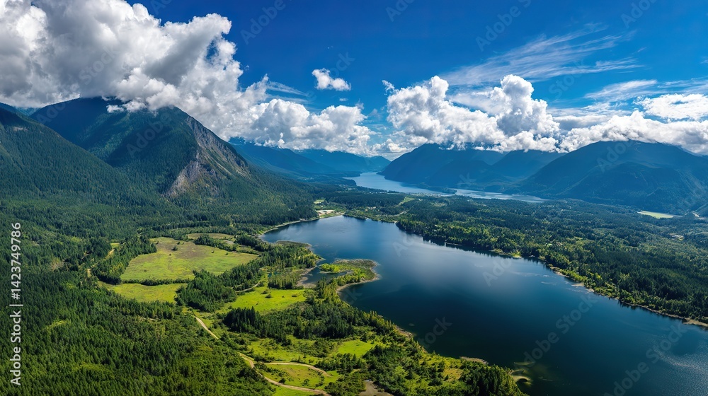 Amazing lake view, surrounded by green hills and forests, blue sky and white clouds, perfect for tourist posters and outdoor activities such as hiking, fishing, camping. Amazing lake view, surrounded by green hills and forests, blue sky and white clouds, perfect for tourist posters and outdoor activities such as hiking, fishing, camping.
