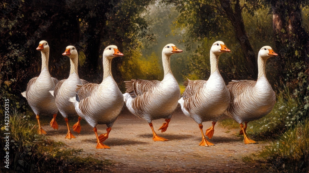 Obraz premium Geese Walking Path Through Woods