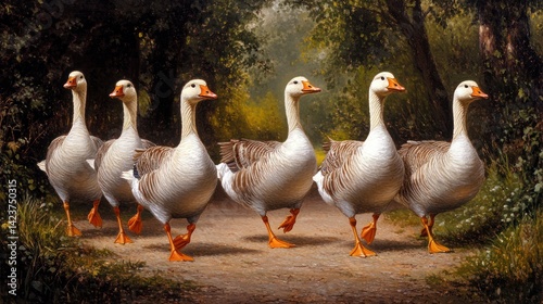 Geese Walking Path Through Woods photo