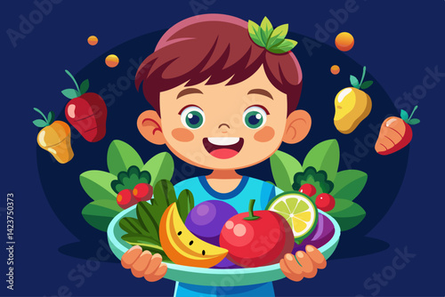 vector of A child happily holding a plate full of colorful fruits and vegetables on a plain dark background. Promotes healthy eating habits and nutrition.