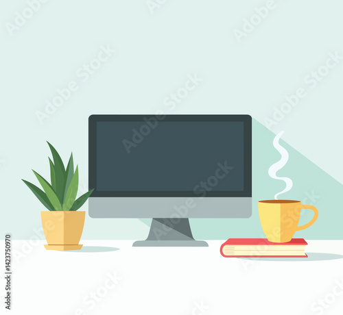 Desktop setup illustration: computer, plant, book and coffee cup for home office and work from home concept