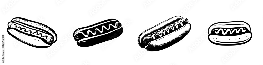 Variety of hot dog icons designed for culinary and event graphics in a minimal style