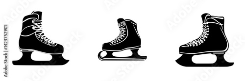 Icon set of black ice skates featuring three distinct designs for winter sports and activities