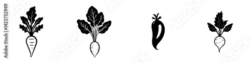 Variety of vegetable icons featuring radishes and greens showcased in a minimalist black design suitable for digital use