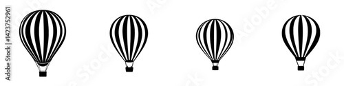 Collection of black and white hot air balloon icons featuring various sizes and designs