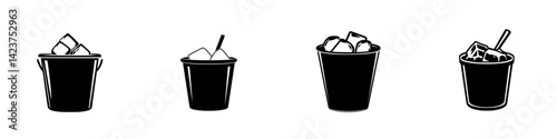 Set of four black and white ice bucket icons for bar and restaurant use in various styles and shapes
