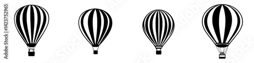 Collection of black and white hot air balloon icons featuring various designs and positions for creative use in digital projects