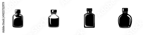 Icon set showcasing four distinct bottle designs featuring various shapes and sizes in a minimalistic style