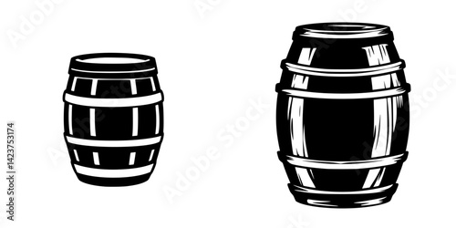 Collection of simple black and white barrel icons designed for use in various digital and print projects related to storage and beverages