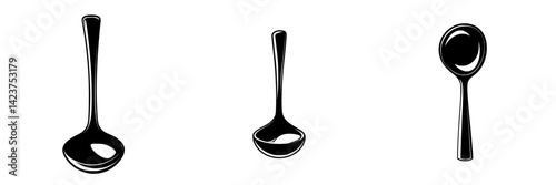 Various utensil designs featuring elegant ladles in black and white showcase culinary artistry and minimalistic style