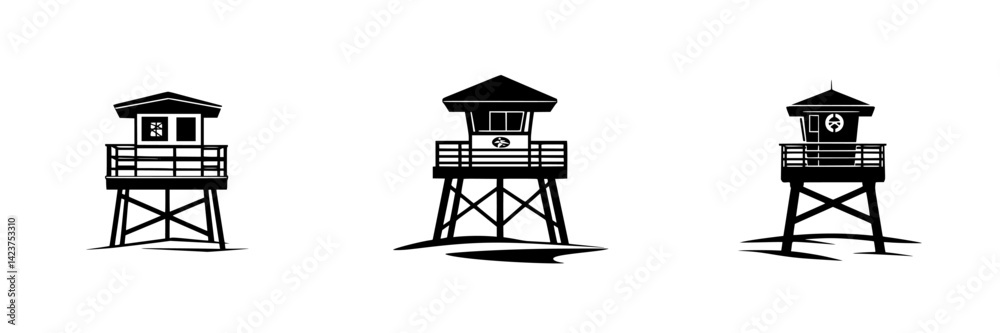 Icon set of lifeguard towers designed for beach safety and rescue applications
