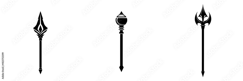 Stylized spear icon set showcasing three unique designs with distinct features and sharp points for creative use Stylized spear icon set showcasing three unique designs with distinct features and sharp points for creative use