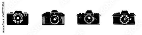 Collection of black camera icons showcasing vintage and modern designs for various photographic styles and uses