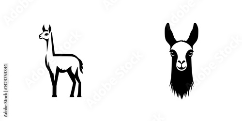 Icon set featuring minimalist black and white llama designs suitable for various creative projects and applications