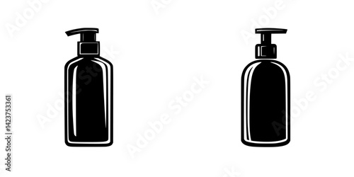 Icon set featuring two distinct pump bottles for cosmetic and personal care applications