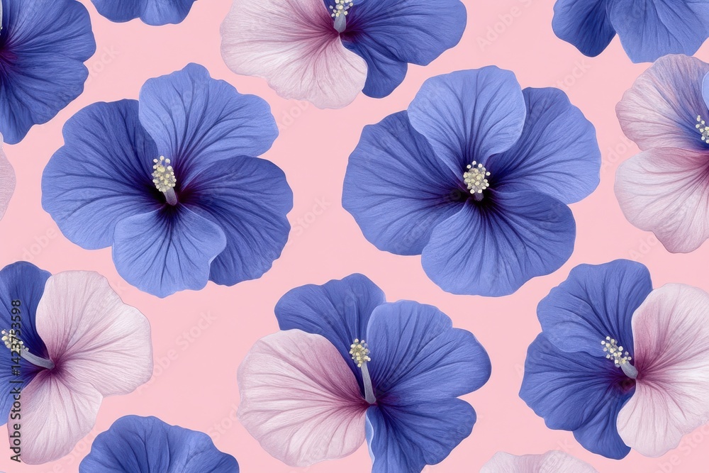 Elegant hibiscus blossom pattern with soothing blend of blue and pink hues Elegant hibiscus blossom pattern with soothing blend of blue and pink hues