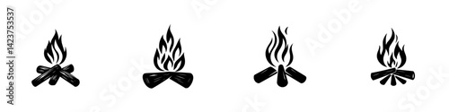 Collection of monochrome campfire icons representing various flame styles and firewood arrangements