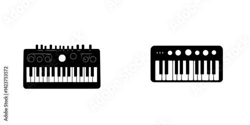 Icon set showcasing two different keyboard synthesizers designed for music creation in a modern aesthetic