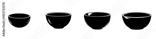 Variety of minimalist black bowls in different sizes displayed in a modern design layout
