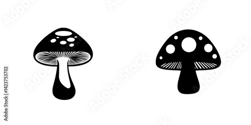 Mushroom icon set featuring two distinct black and white designs suitable for various design projects and applications