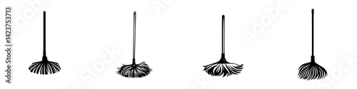 Set of four cleaning tool icons showcasing different broom designs and styles for various applications