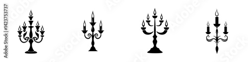 Elegant icon set featuring various styles of candle holders and chandeliers in minimalistic design