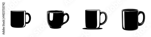 Collection of black coffee mugs showcasing varying shapes and designs for creative projects and digital use