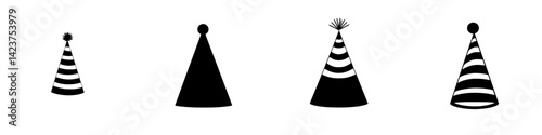 Collection of party hats featuring varying designs and sizes suitable for celebrations and events