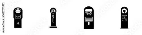 Icon set of parking meters designed for urban environments showcasing various styles and features