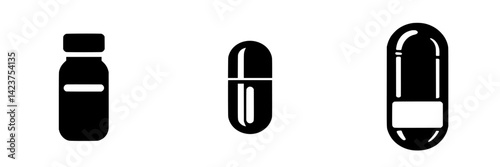 Icon set featuring medical capsules and bottles for pharmaceutical applications and health-related projects